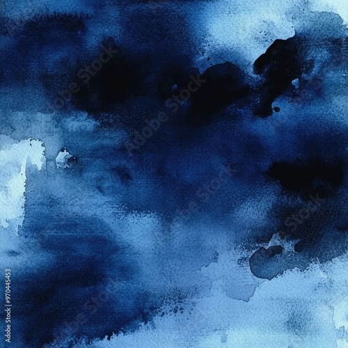 A mesmerizing dark blue watercolor texture with abstract splashes and gradients, perfect for backgrounds or artistic designs.