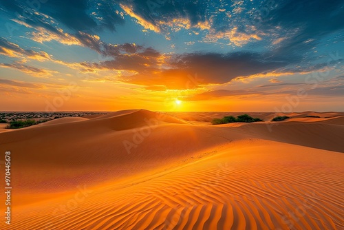 Sunset over the desert of Al Khatim in Abu Dhabi, Emirates. Golden Sand Dune Desert Landscape Panorama. Beautiful sunset over the sand dunes in the Al Khatim in Abu Dhabi, Emirates , ai photo