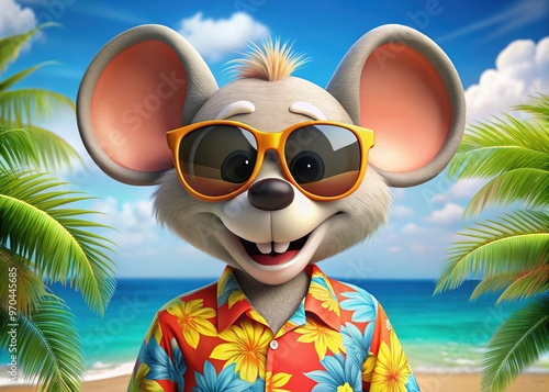 A whimsical cartoon mouse wears a cheeky expression, oversized sunglasses, and a Hawaiian shirt, exuding laid-back humor and playful irreverence in a bright, colorful scene. photo