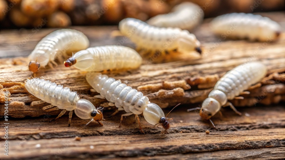 Close-up macro shot of white, worm-like termite larvae crawling on a wooden surface, their tiny legs and antennae starkly visible in high contrast. Close-up macro shot of white, worm-like termite larvae crawling on a wooden surface, their tiny legs and antennae starkly visible in high contrast.