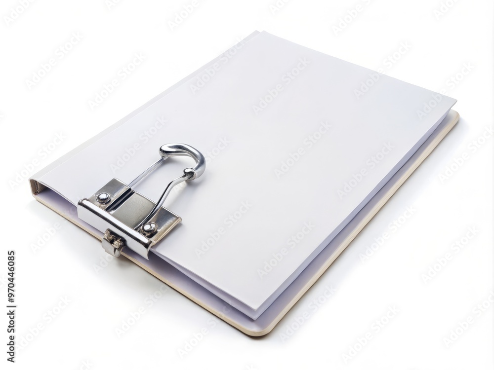 Keep your documents and papers organized with this sleek stationery binder featuring a metal clip on a crisp white background, perfect for work and school. Keep your documents and papers organized with this sleek stationery binder featuring a metal clip on a crisp white background, perfect for work and school.