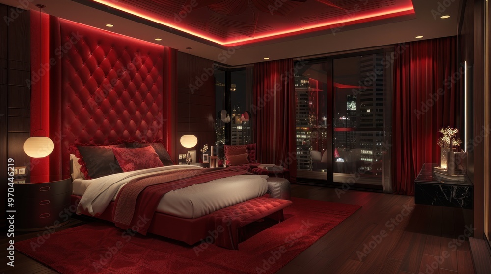 Cozy dark red luxury penthouse bedroom interior AI generated image Cozy dark red luxury penthouse bedroom interior AI generated image