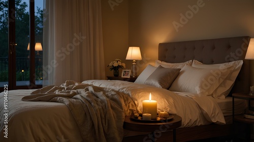 Warm Candlelight & Serene Bedroom Atmosphere. capturing the relaxing and peaceful ambiance of warm candlelight softly illuminating a serene bedroom perfect for unwinding in a realistic style. photo