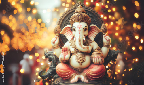 The Hindu god Ganesha sits on a pedestal surrounded by a warm and festive atmosphere.