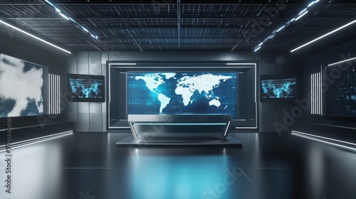 Futuristic control room with multiple large screens displaying digital world maps. High-tech, modern design with cool blue lighting.