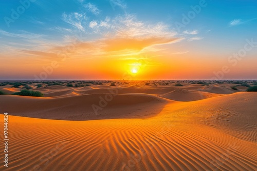 Sunset over the desert of Al Khatim in Abu Dhabi, Emirates. Golden Sand Dune Desert Landscape Panorama. Beautiful sunset over the sand dunes in the Al Khatim in Abu Dhabi, Emirates , ai photo