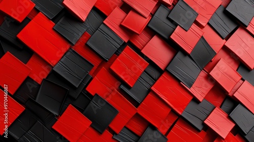 A textured abstract design featuring interlocking red and black squares, creating a dynamic visual pattern.