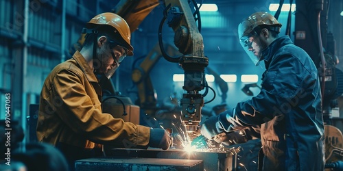 Mechanical experts utilize computer-controlled robotic arms to weld steel in a factory, using specialized software for automated production.