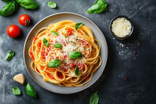 Delicious pasta with tomato sauce, basil and cheese on served gray textured table, flat lay , ai