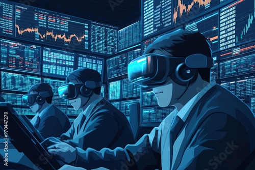 A futuristic trading environment with professionals using virtual reality to analyze market data and trends.