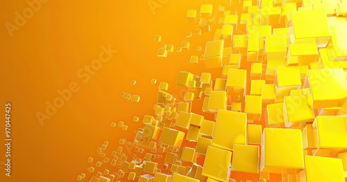 A vibrant abstract design featuring floating yellow cubes against an orange background, suggesting movement and depth.