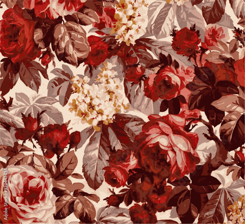 A vibrant floral pattern featuring red roses, smaller yellow and white blossoms, and lush foliage on a creamy white backdrop.