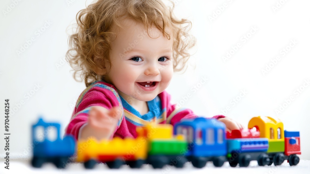 Happy child with curly hair playing with colorful toy train on white background. Smiling toddler enjoying playtime indoors. Happy child with curly hair playing with colorful toy train on white background. Smiling toddler enjoying playtime indoors.