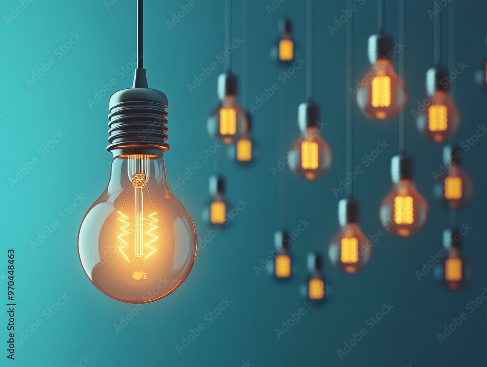 A single glowing light bulb hanging in the foreground with a blue background. The light bulb is in focus and the rest of the bulbs are out of focus. A single glowing light bulb hanging in the foreground with a blue background. The light bulb is in focus and the rest of the bulbs are out of focus.