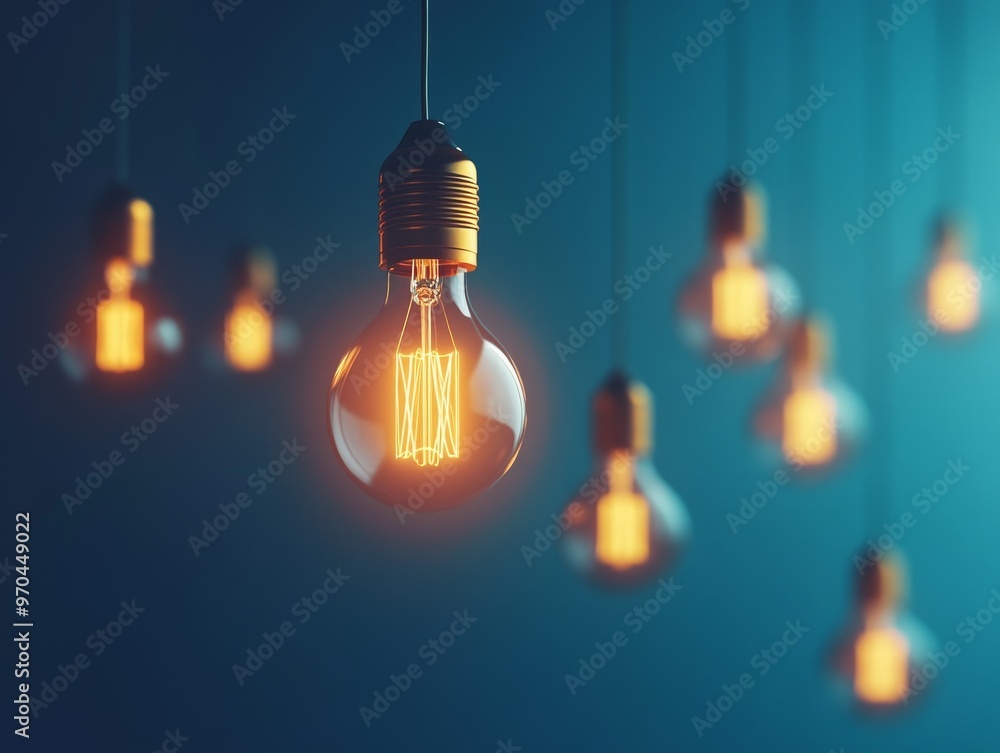 A single glowing light bulb hangs from the ceiling with a blue background and a blur of other lights around it. A single glowing light bulb hangs from the ceiling with a blue background and a blur of other lights around it.