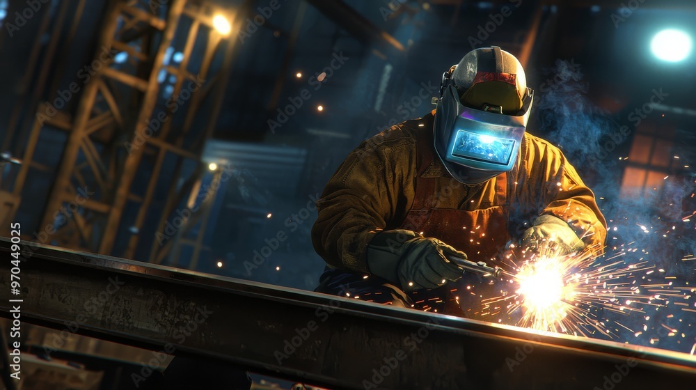 Industrial worker in protective gear welding metal in a factory setting. Sparks flying, highlighting craftsmanship and safety. Industrial worker in protective gear welding metal in a factory setting. Sparks flying, highlighting craftsmanship and safety.
