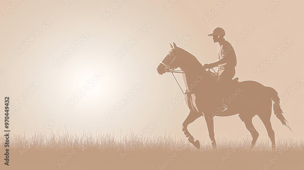 Polo player silhouette swinging the mallet while riding a galloping horse sharp motion lines highlighting strength and control Large space for text in center Stock photo with copy space