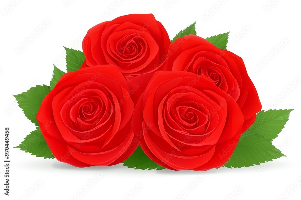 A group of four red roses with green leaves. A group of four red roses with green leaves.