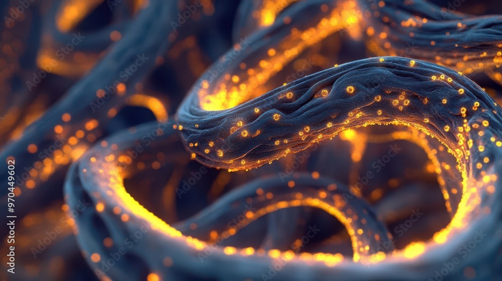 Abstract fungal tendrils wrapping around each other, releasing glowing spores, creating a dynamic and organic background Abstract fungal tendrils wrapping around each other, releasing glowing spores, creating a dynamic and organic background