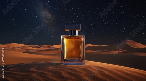Luxury perfume bottle in a desert landscape under a starry night sky, representing elegance and mystery.