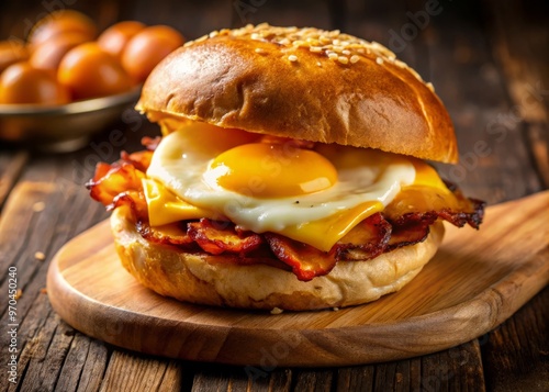 A warm, crispy bacon strip is paired with a gooey cheese slice and a fluffy egg on a toasted, slightly sweet bun. photo