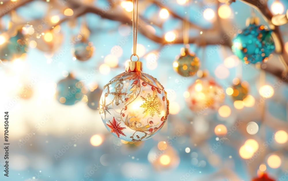A beautifully decorated ornament hanging on a branch, surrounded by soft winter lights, creating a festive holiday atmosphere. A beautifully decorated ornament hanging on a branch, surrounded by soft winter lights, creating a festive holiday atmosphere.