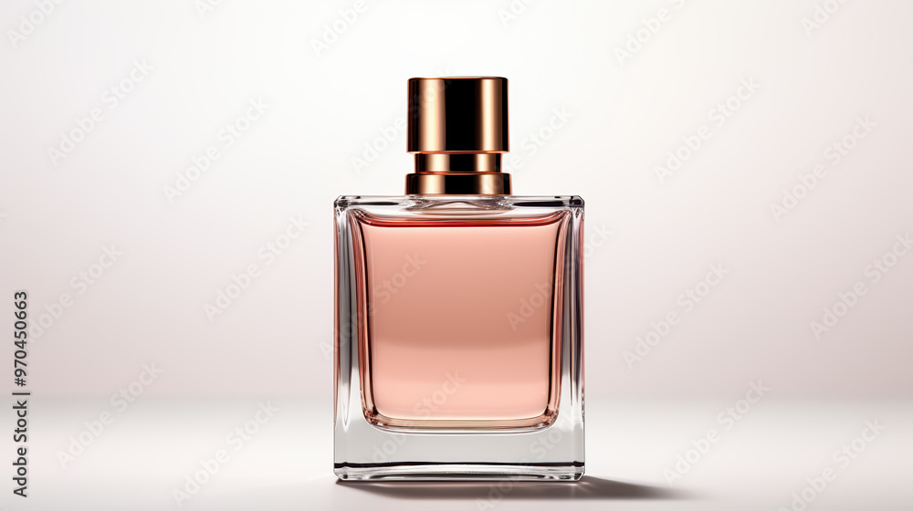 A bottle of perfume with a gold top cover in glass container. The bottle is on a white background. Product mockup concept. A bottle of perfume with a gold top cover in glass container. The bottle is on a white background. Product mockup concept.