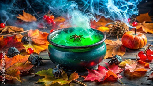 Witches' Brew of green jelly-like substance in a cauldron, surrounded by dry ice fog, layered with crimson punch and glowing blue shots, amidst spider webs and autumn leaves. photo