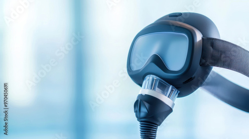 Close-up of advanced breathing mask for respiratory support A modern breathing mask with an attached hose, designed for respiratory support in medical or industrial environments photo