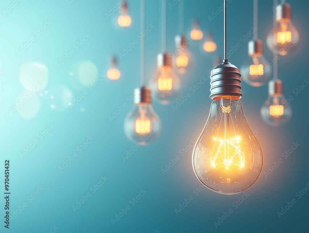 A single light bulb glows brightly against a blue background, surrounded by other light bulbs. A single light bulb glows brightly against a blue background, surrounded by other light bulbs.