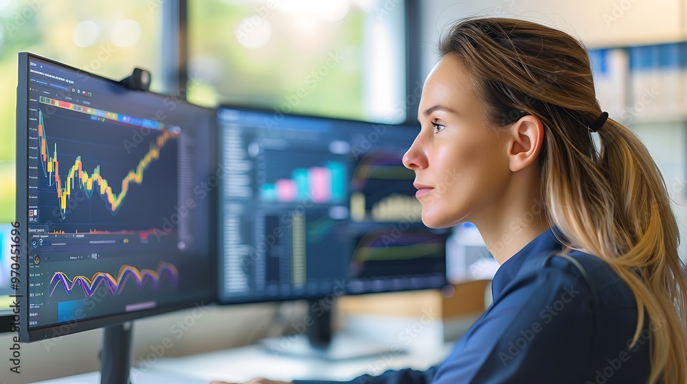 Businesswoman Using Dual Monitors in Her Office, Business Theme, Portrait Shot, Dual Monitors, Office Businesswoman Using Dual Monitors in Her Office, Business Theme, Portrait Shot, Dual Monitors, Office