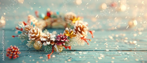 A beautiful holiday wreath adorned with colorful decorations and pinecones, set against a wooden background with delicate snowflakes. photo