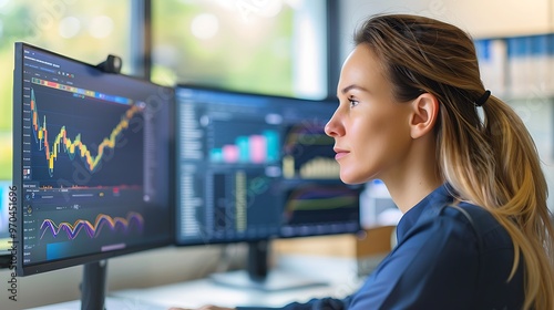 Businesswoman Using Dual Monitors in Her Office, Business Theme, Portrait Shot, Dual Monitors, Office photo