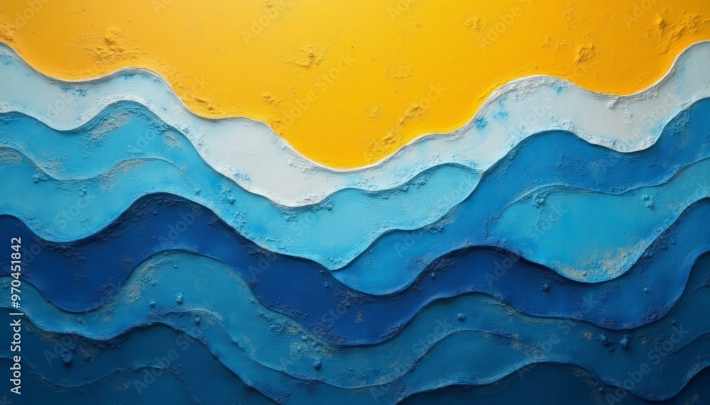 Abstract Wavy Layers in Bright Yellow, White, and Deep Blue with Textured Details Abstract Wavy Layers in Bright Yellow, White, and Deep Blue with Textured Details