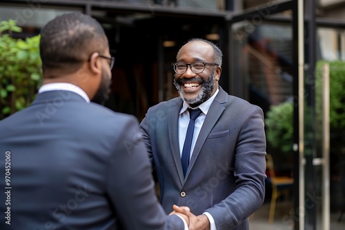 Businessperson with arms crossed outside office building, smiling, portrait shot, copy space, plain background