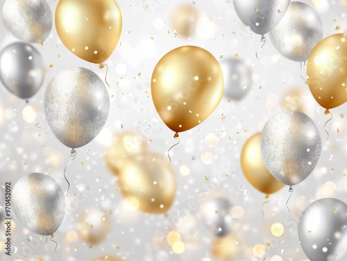 Gold and silver balloons with confetti on a white background.