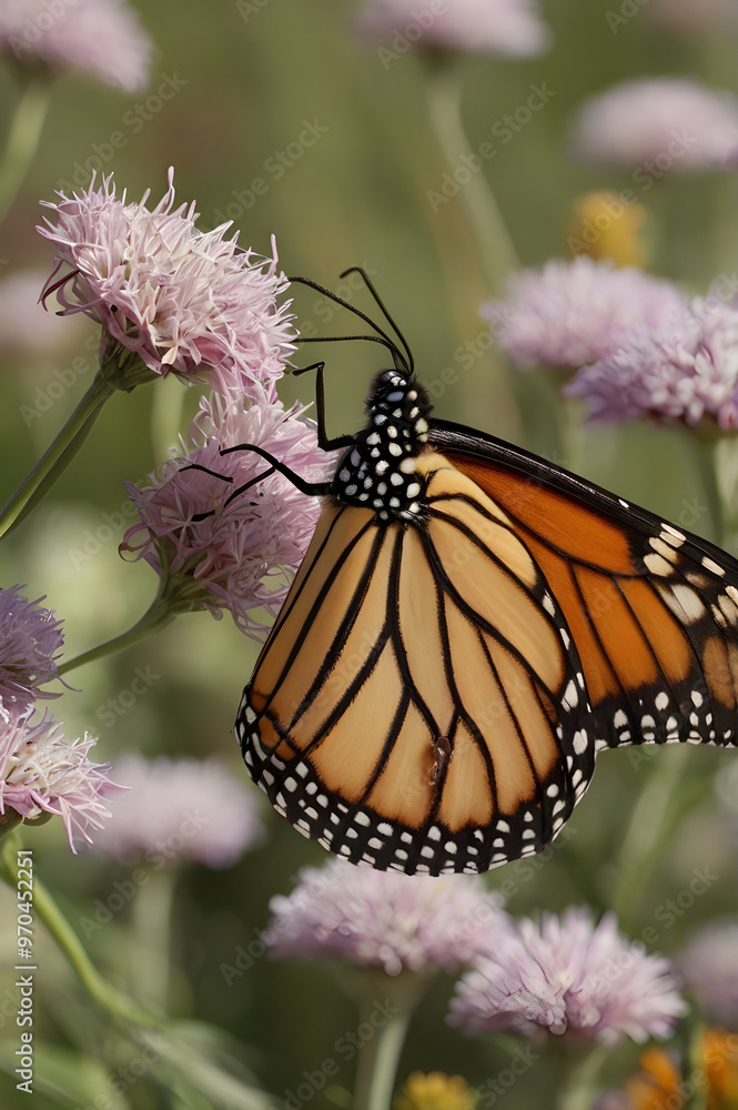 Intricate Close-Up of Monarch Butterfly on a Flower, Showcasing Its Graceful Pose Intricate Close-Up of Monarch Butterfly on a Flower, Showcasing Its Graceful Pose