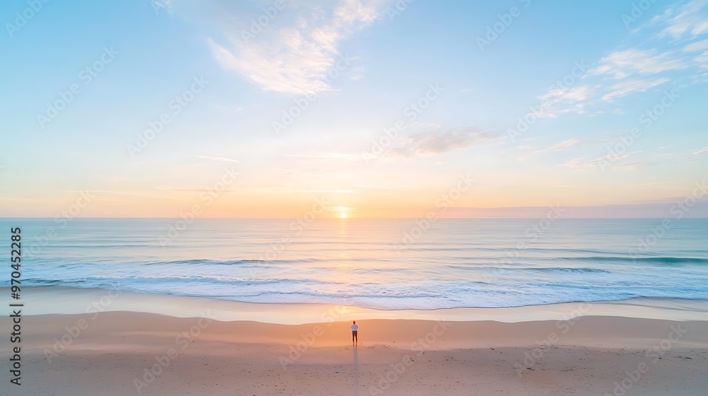 Person standing on a beach at dawn, ready to begin a new day Person standing on a beach at dawn, ready to begin a new day