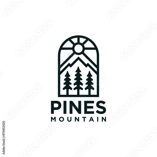 pines tree similar with evergreen fir conifer spruce cedar larch cypress tree. Forest Landscape classic vintage logo design