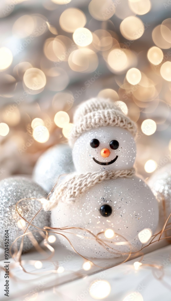 Obraz premium A cheerful snowman surrounded by sparkling ornaments and warm lights, creating a festive winter atmosphere for holiday celebrations.