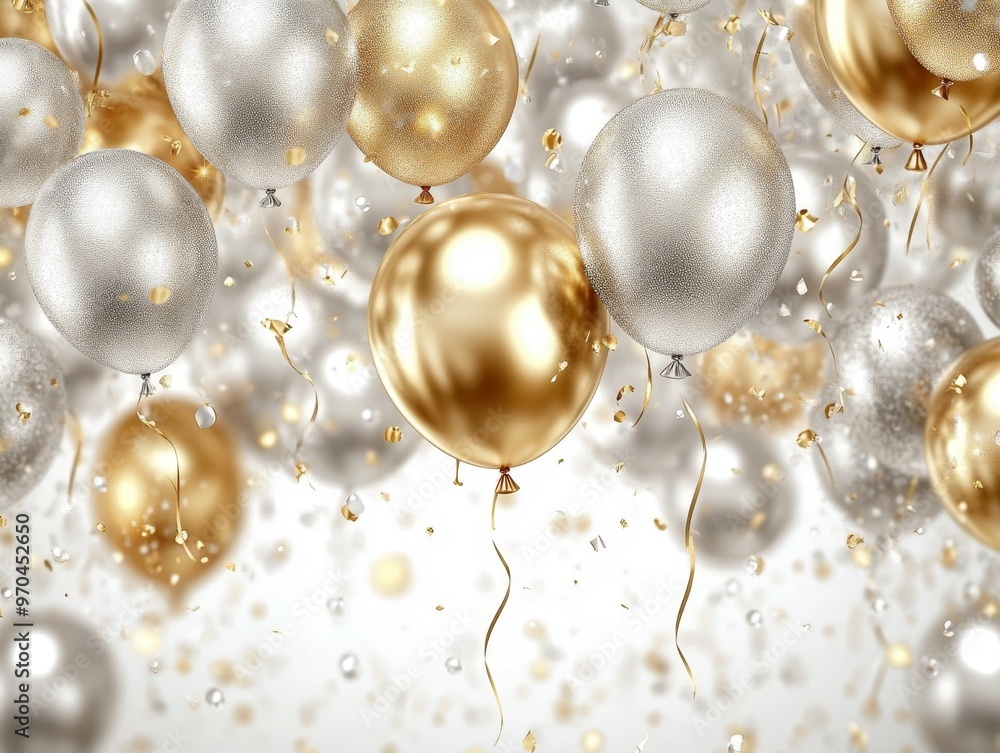Gold and silver balloons with confetti falling in the background. Gold and silver balloons with confetti falling in the background.