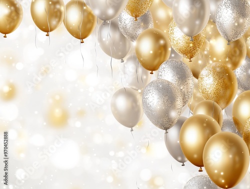 Golden and silver balloons with bokeh background.