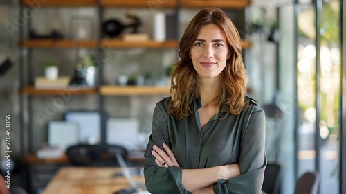 Confident businesswoman smiling with arms crossed against a white background, emphasizing professionalism in a portrait shot with a plain office background