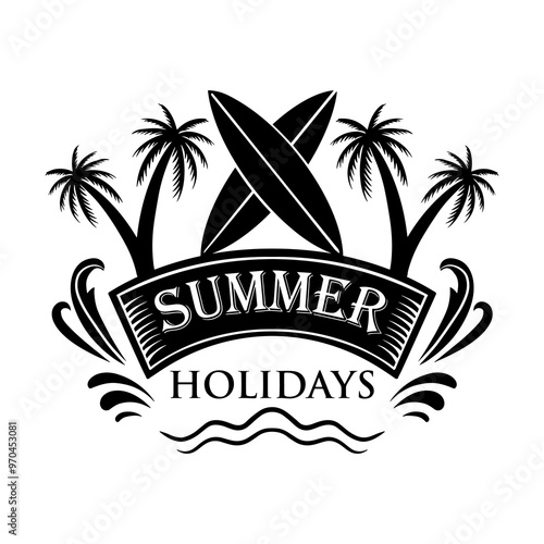 Summer Beach Sea Ocean Water Silhouette Illustration Vintage Design Icon Art Vector