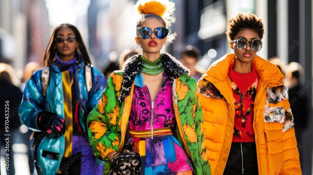 Fototapeta premium Three women in colorful winter jackets and sunglasses pose on a city street.