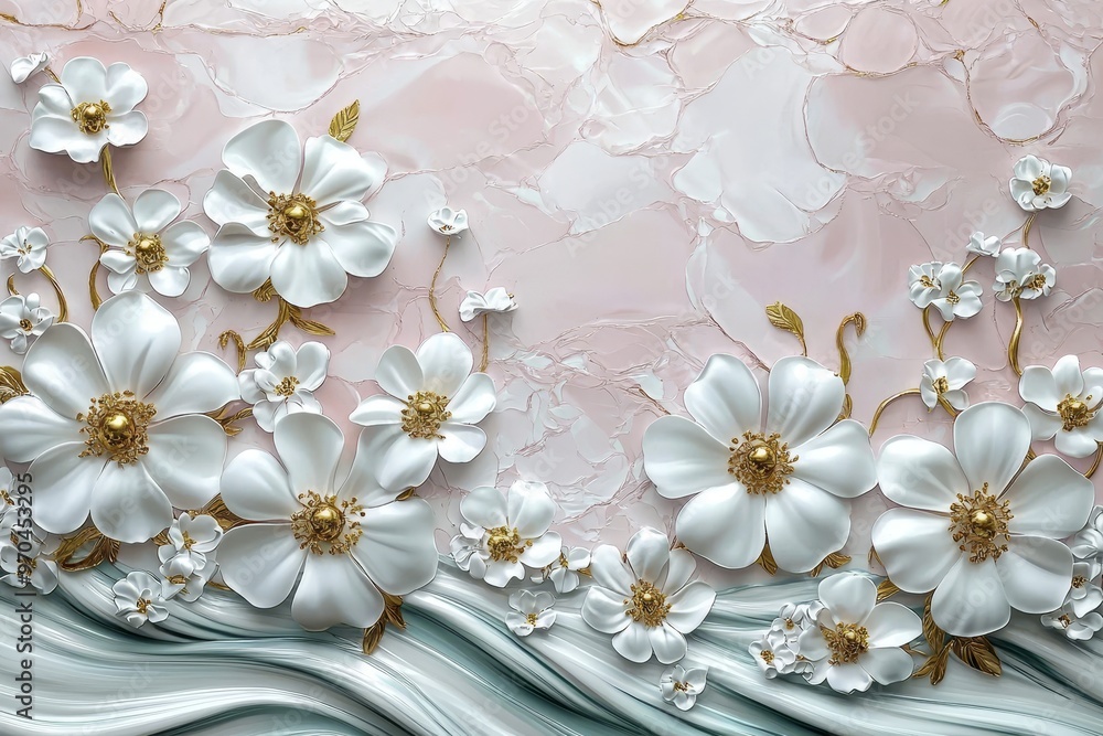 A seamless pastel pink background is covered with white daisies, chrysanthemums, and cherry blossoms. Flat lay with space for text. A seamless pastel pink background is covered with white daisies, chrysanthemums, and cherry blossoms. Flat lay with space for text.