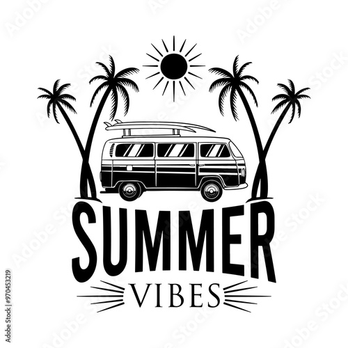 Summer Beach Sea Ocean Water Silhouette Illustration Vintage Design Icon Art Vector