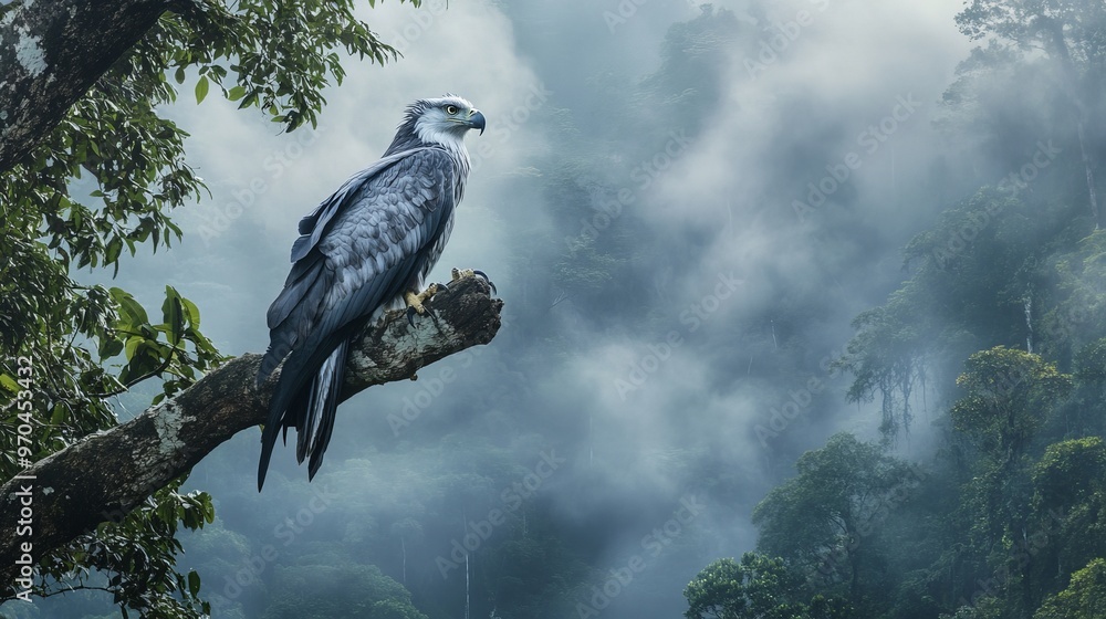 Fototapeta premium Harpy eagle in natural habitat of Amazon rainforest amid dense mist