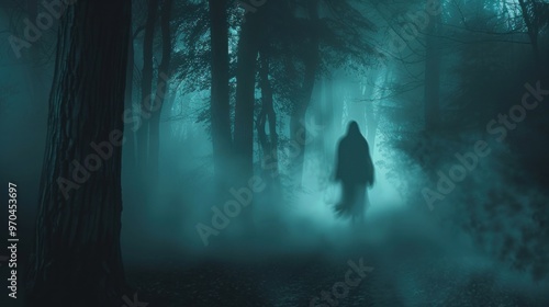 Creepy dark ghost figure moving through foggy forest at night AI generated image