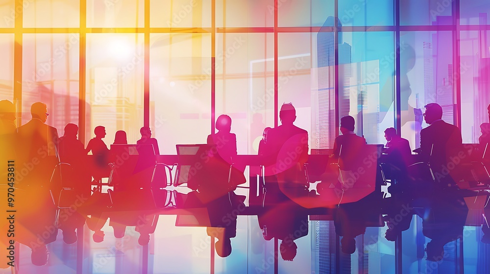 Colorful illustration of a business meeting in a modern office, capturing a dynamic business theme with a portrait shot Colorful illustration of a business meeting in a modern office, capturing a dynamic business theme with a portrait shot